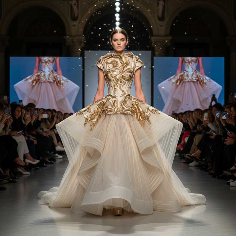 Haute couture bruidsjurk met architectonische corset en sculpturale tulle op Barcelona Bridal Fashion Week runway