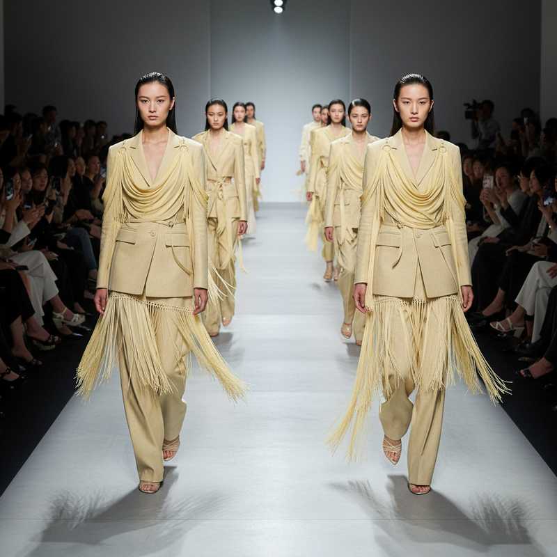 Models op Shanghai Fashion Week catwalk in gedrapeerde avant-garde ontwerpen met sheer layering en fringe details
