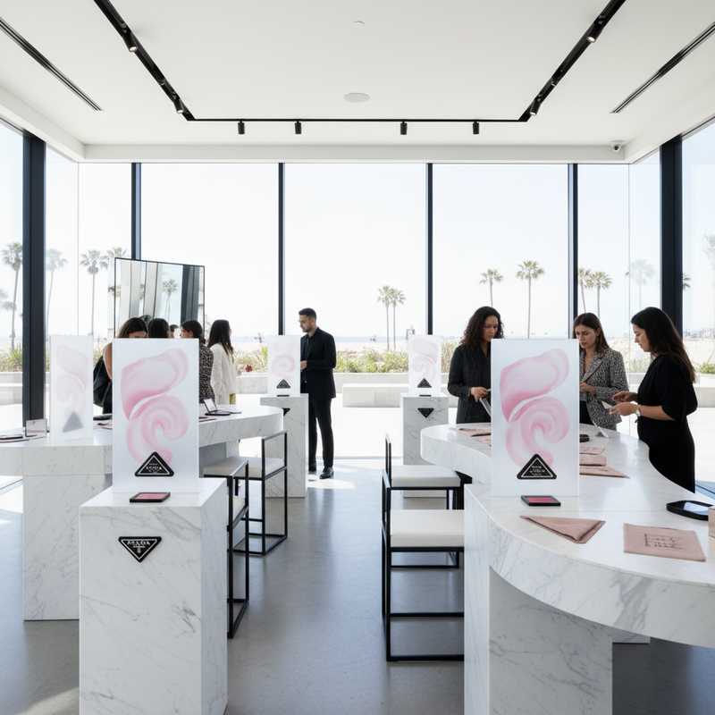 Interior of Prada Beauty pop-up store in Venice Beach showing triangular blush packaging on minimalist white displays with visitors exploring products