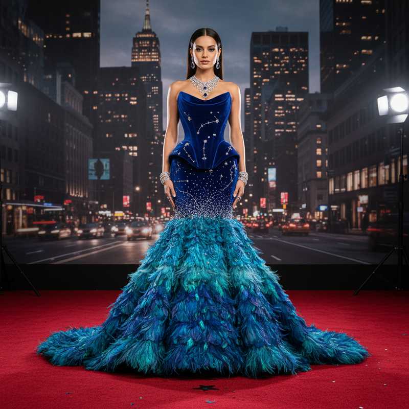 Zendaya draagt volumineuse blauwe Schiaparelli gown met duizenden geborduurde veren en corseted bodice op rode loper
