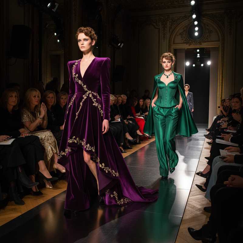 Elegant haute couture fashion runway in Paris showing models in luxurious designer garments with fashion week audience