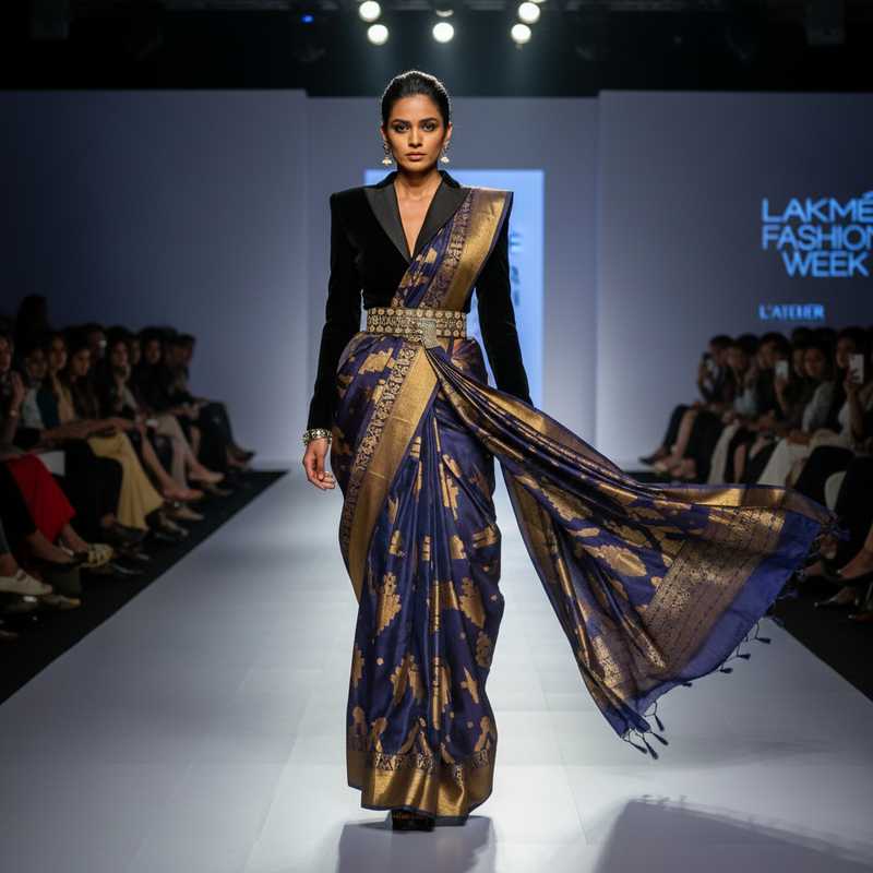 Model wearing draped sari-inspired garment with structured tailoring on Lakmé Fashion Week runway showcasing Abraham & Thakore Sari'torial collection