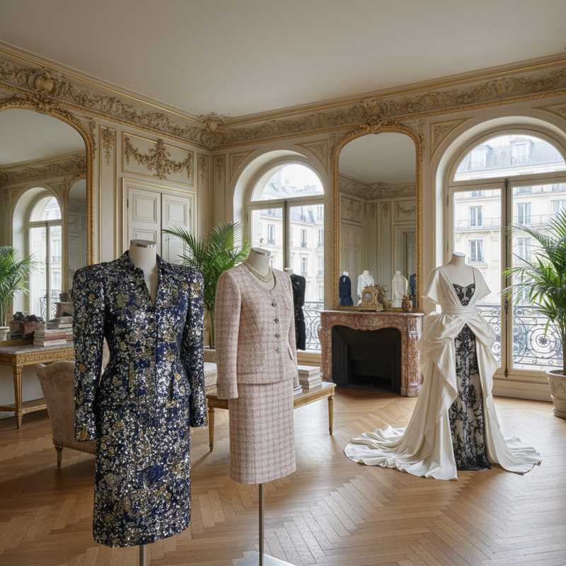Elegant Parisian Haussmannian apartment interior with haute couture garments displayed on mannequins including sequined jacket and vintage suits