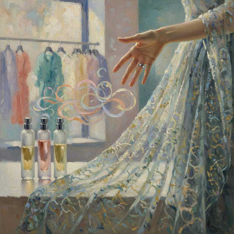 Monet-stijl schilderij van een hand die een transparante stof onderzoekt, naast subtiele parfumflessen met wervelende geurwolken, symbool voor het analyseren van juridische voorwaarden bij retour.