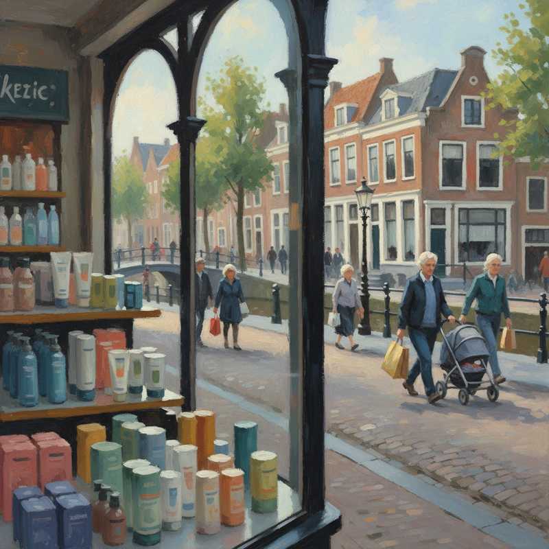 Een Monet-achtig schilderij van een vredige straat in Hoorn, met in de voorgrond een sfeervol, wazig winkelraam dat alledaagse, toegankelijke producten suggereert, en op de achtergrond de historische architectuur en mensen die hun dagelijkse bezigheden uitvoeren.