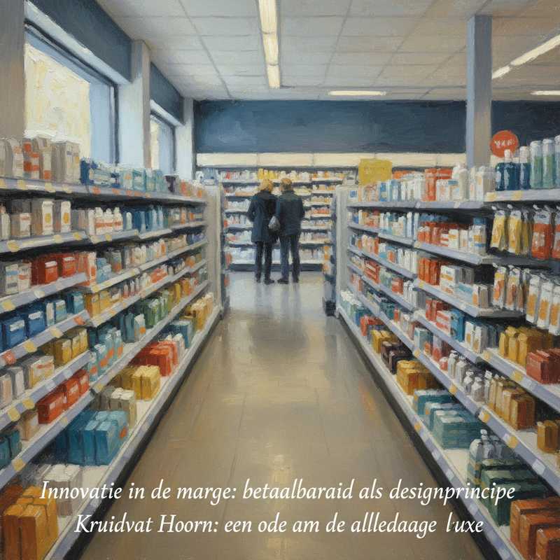 Een Monet-achtig schilderij van een zorgvuldig ingerichte discountwinkel, met zacht licht dat valt op planken vol kleurrijke producten. Het straalt een gevoel van toegankelijke waarde en doordacht design uit.