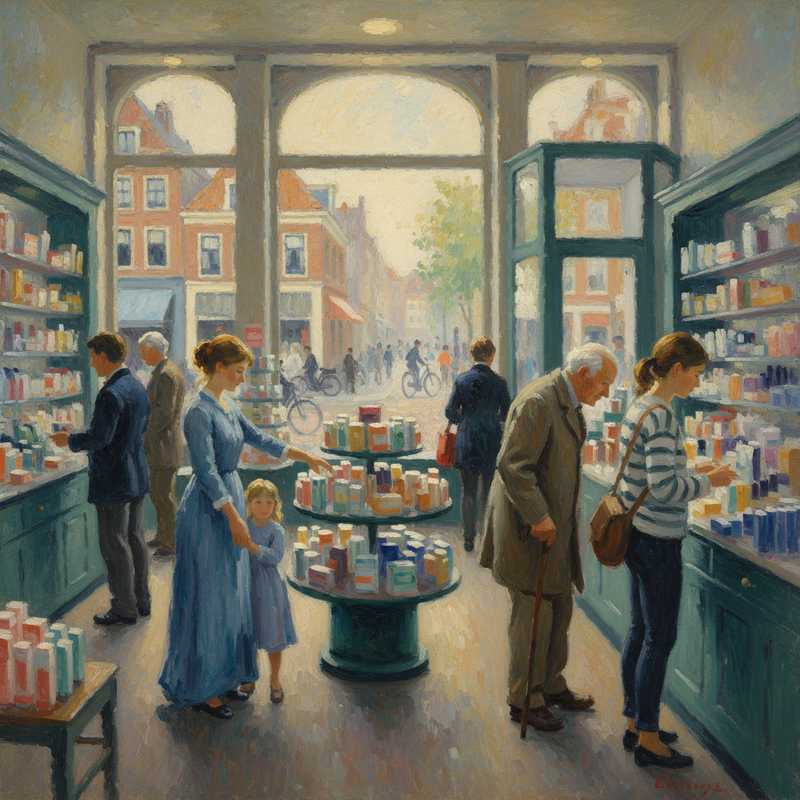 Een impressionistisch schilderij in Monet-stijl van het interieur van een drogisterij in Hoorn, met diverse mensen zoals een moeder met kind, een oudere persoon en een student die rustig winkelen, omringd door zacht licht.