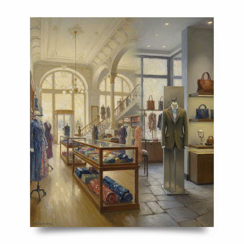 Een Monet-achtig schilderij van een overgang van een grandeur warenhuisinterieur met hoge plafonds en textiel naar een moderne, strakke modeboetiek, beide met de nadruk op textuur en de kwaliteit van kledingstukken.