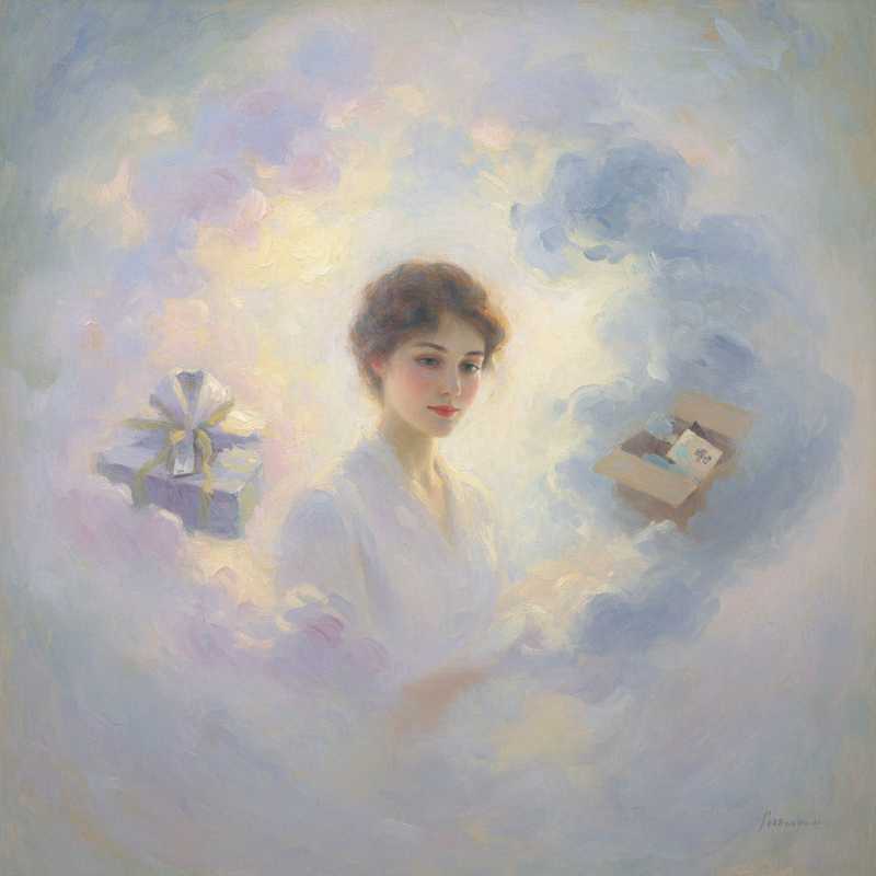 Een impressionistisch schilderij in Monet-stijl van een vrouw te midden van twee kleurrijke, etherische wolken. Een wolk is helder en warm, symbool van anticipatie. De andere wolk is koeler en gedempter, verwijzend naar teleurstelling en een retour. Het beeld roept de emotionele reis van online winkelen op.