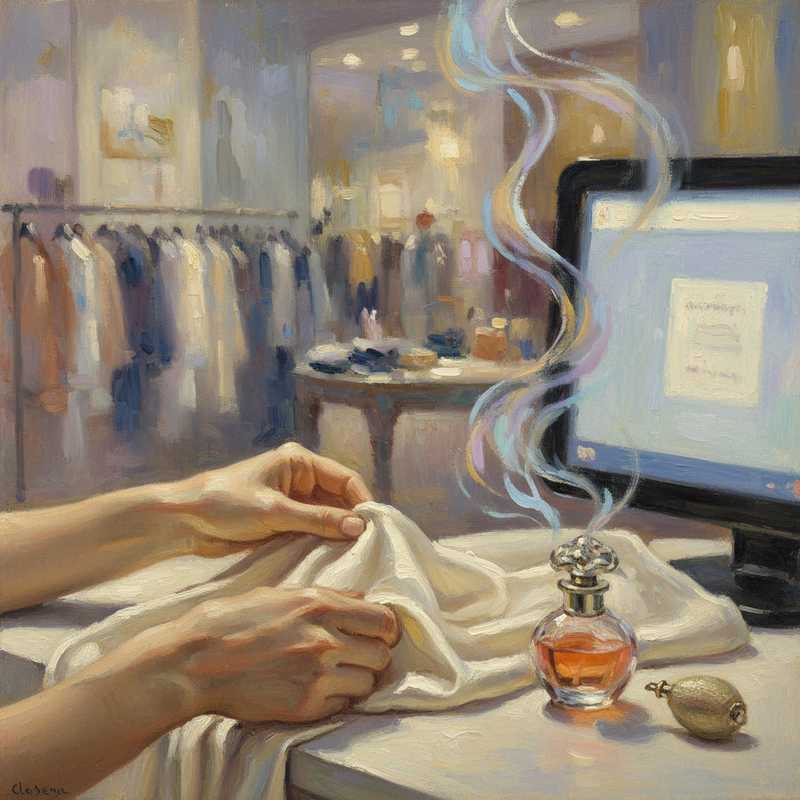 Een Monet-stijl schilderij van handen die voorzichtig een kledingstuk vouwen naast een parfumflesje, omringd door vage contouren van een winkel en een scherm, wat de sillage van een retourbeleid symboliseert.