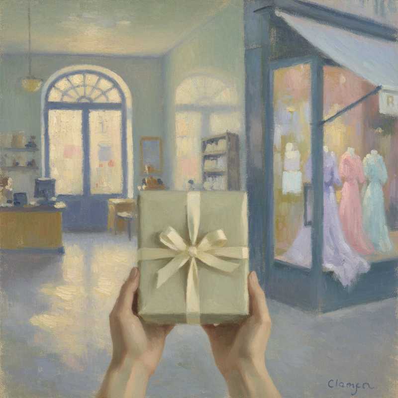 Een Monet-stijl schilderij toont een zachte, impressionistische scène van een retourpakket. De achtergrond toont vage contouren van zowel een afhaalpunt als de ingang van een modewinkel, met zachte kleuren en lichtinval die een gevoel van rust en beweging oproepen.