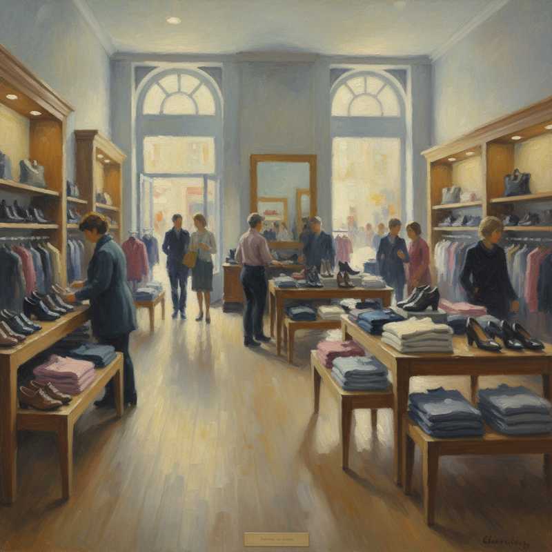 Een Monet-achtig schilderij van het interieur van een winkel, met vage figuren die rondneuzen in een kalme, uitnodigende sfeer met zacht licht. De scène toont de essentie van een lokaal ontmoetingspunt.