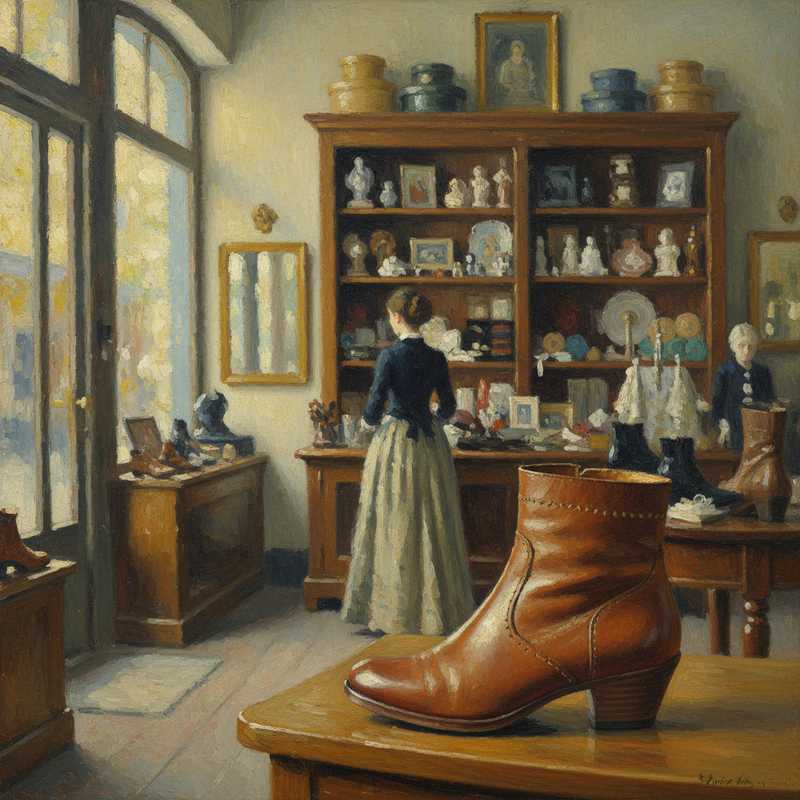 Een Monet-achtig schilderij van een schoen in een boetiek. Een elegante leren schoen ligt op een houten display, zacht verlicht. Op de achtergrond is vaag een persoon te zien tussen unieke items, wat de ambachtelijke sfeer en persoonlijke service benadrukt.