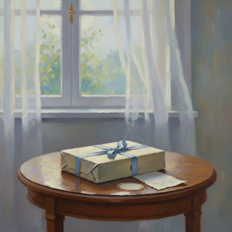 Een Monet-stijl schilderij van een zorgvuldig verpakt retourpakket met een bon en label, badend in zacht licht, symboliserend een rustige en georganiseerde retourprocedure.