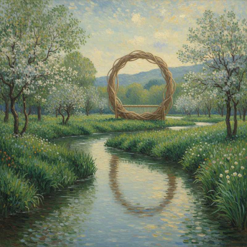 Een Monet-achtig schilderij met zachte kleuren van een rustgevend landschap. Op de voorgrond is een kronkelende rivier te zien die door weelderig groen stroomt, met op de achtergrond een subtiele, futuristisch ogende, elegante weefmachine die organisch opgaat in de omgeving, symbool voor circulaire mode en duurzame innovatie. De sfeer is sereen en hoopvol.