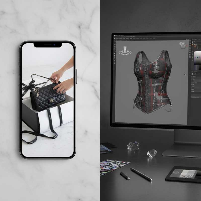 Split-screen showing luxury fashion unboxing video on smartphone and 3D virtual garment design software in modern atelier setting