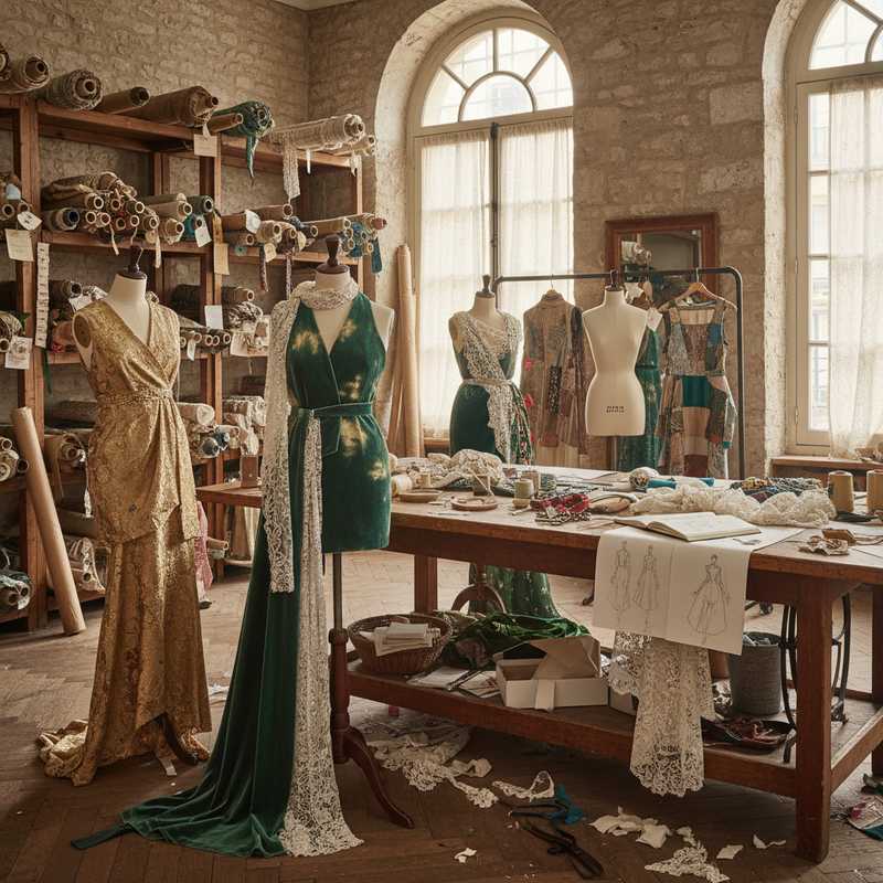 Haute couture atelier workspace showing vintage fabrics and deadstock materials used in sustainable luxury fashion design