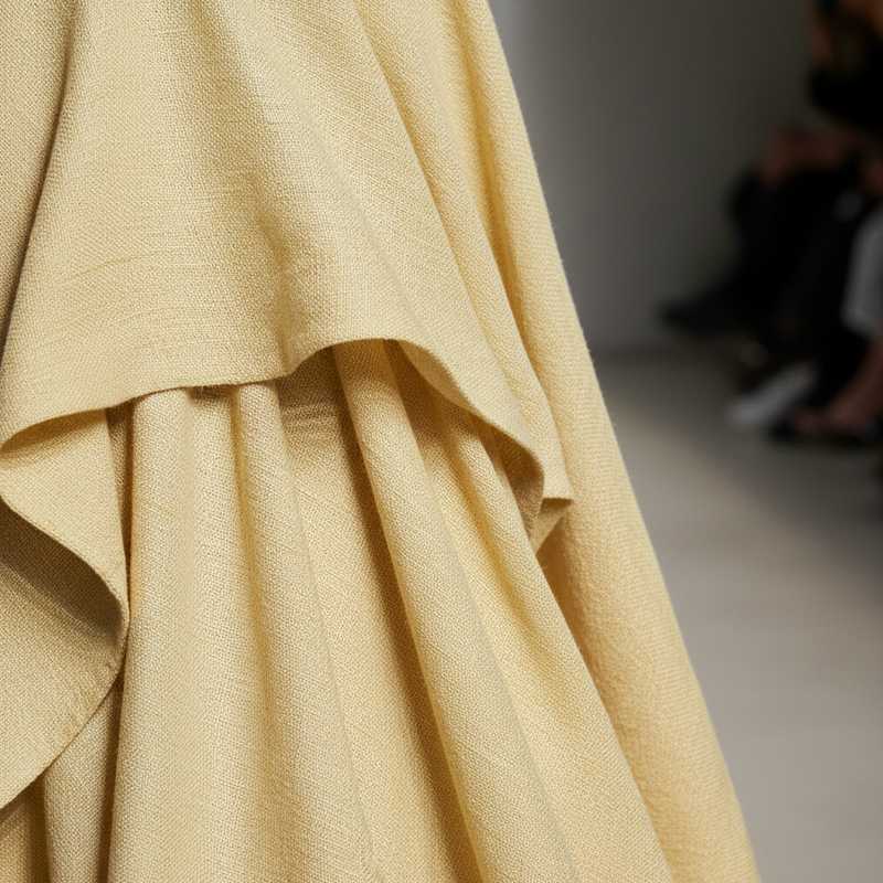Close-up detail of creamy yellow haute couture fabric showing textile weave and draping structure