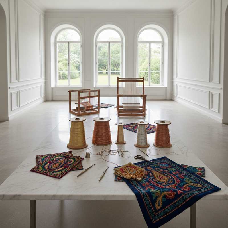 Leeg atelier met traditioneel Indiaas borduurgereedschap en garenspoelen op wit marmeren tafel, symboliserend onbevestigde luxe-ambachtsinitiatieven