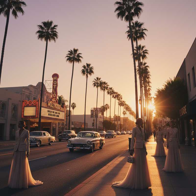Hollywood boulevard met palmbomen en vintage bioscoop, symbolisch voor Dior Cruise 2027 presentatie