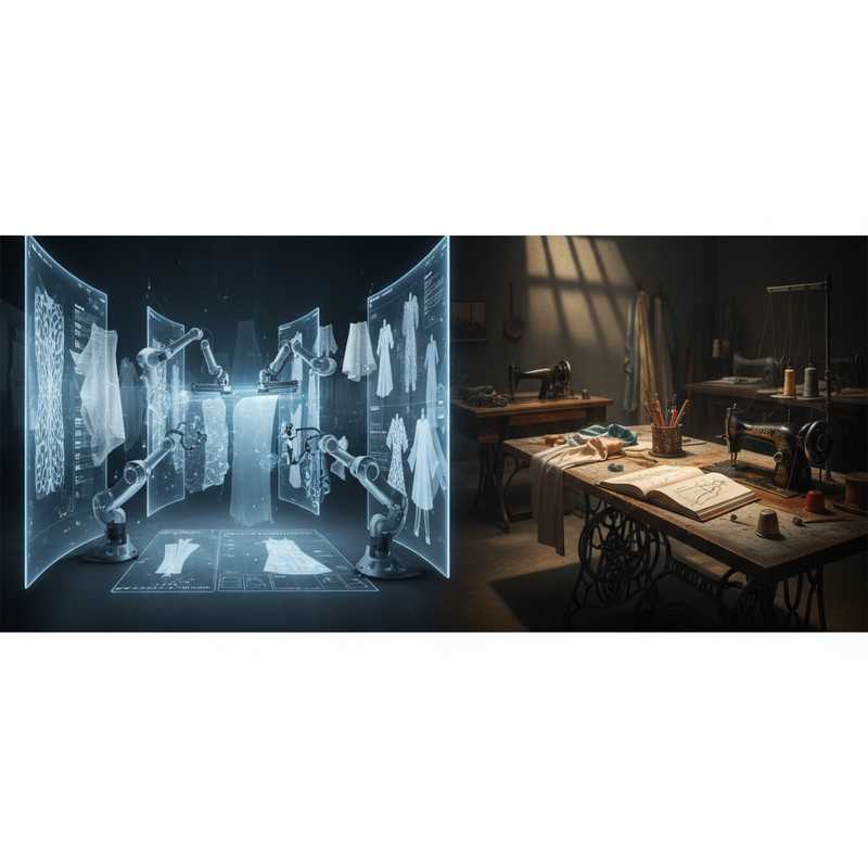 Modern fashion studio with digital AI design screens next to traditional atelier tools