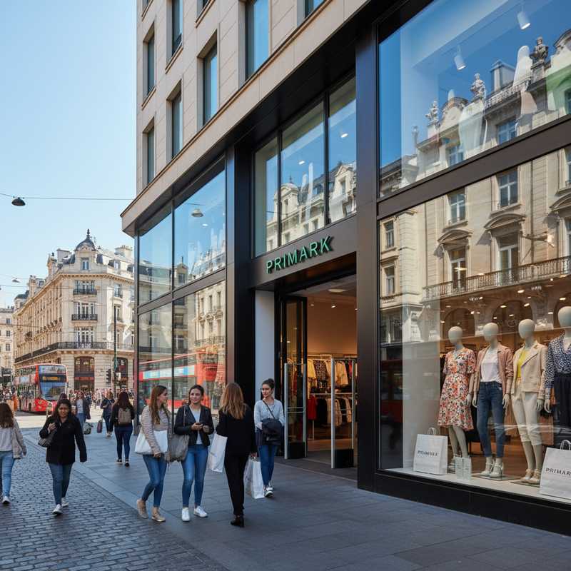 Buitenkant van een Primark winkel in een Europese stad met shoppers en etalages