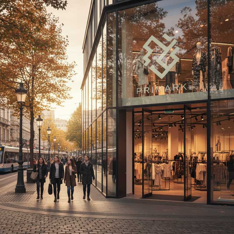 Modern Primark winkelfront in Europese straat met reflectie van voetgangers