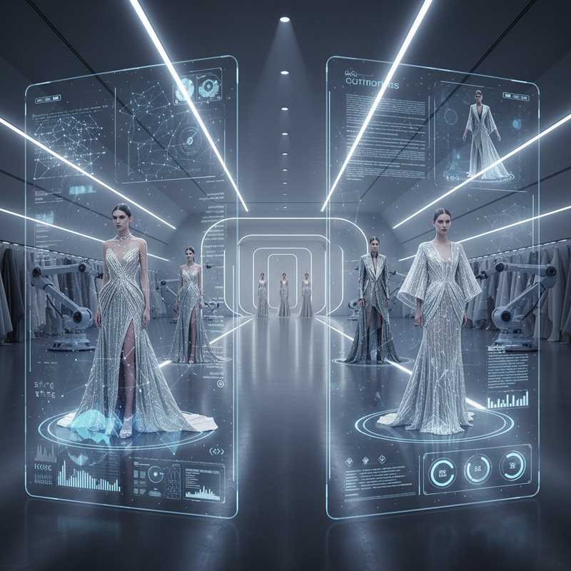 Modern fashion studio with AI analytics displays showing data overlays on luxury clothing designs