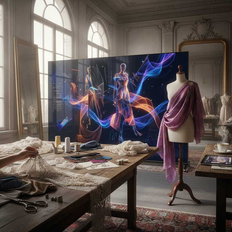 Modern fashion atelier with digital screen showing AI-generated design variations next to traditional couture tools and fabric samples