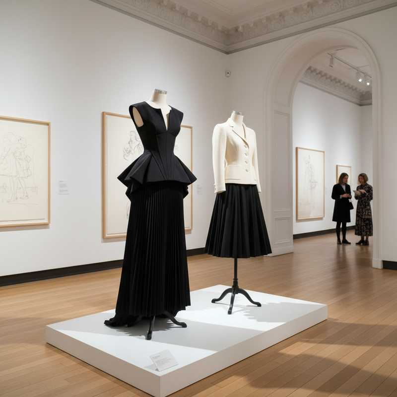 Alaïa en Dior kledingstukken tentoongesteld in galerie met dramatische verlichting