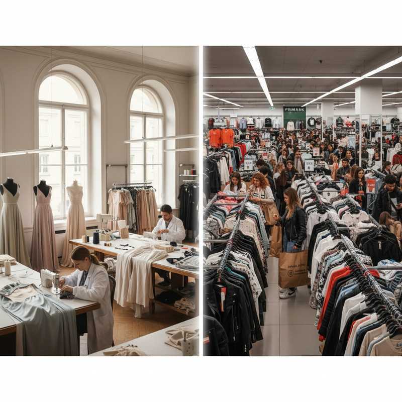 Split image contrasting haute couture atelier with hand-stitching craftspeople on left and busy Primark retail floor with clothing racks on right