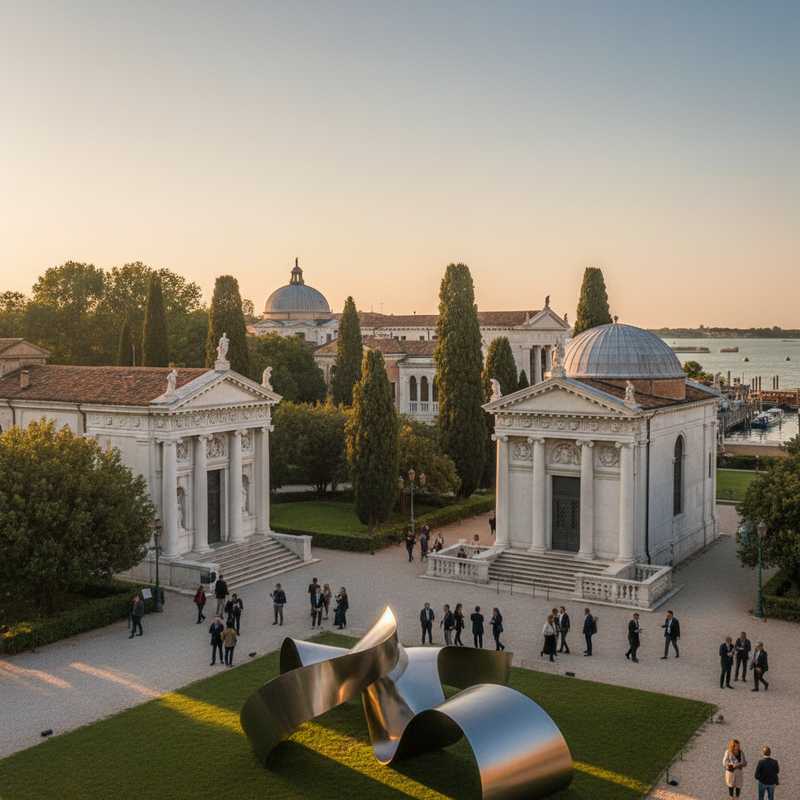 Giardini della Biennale pavilions in Venice during golden hour with art installations
