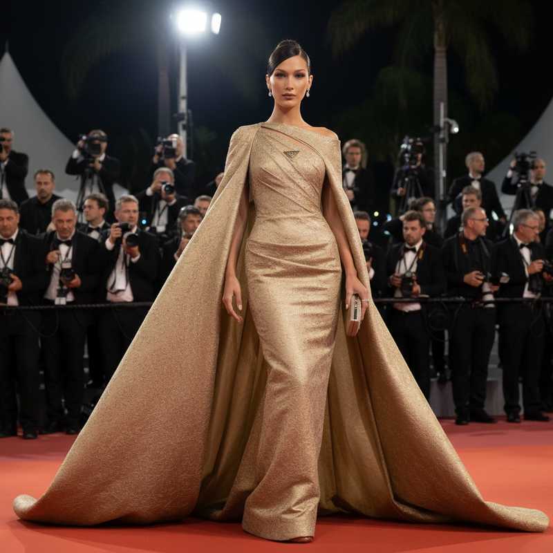 Elegant red carpet scene at Cannes Film Festival showing sophisticated haute couture dress with cinematic lighting and subtle luxury aesthetic