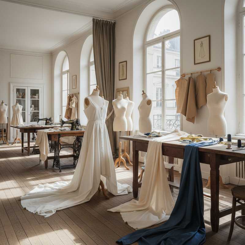 Empty haute couture atelier workspace with dress forms and natural light showing absence of coverage