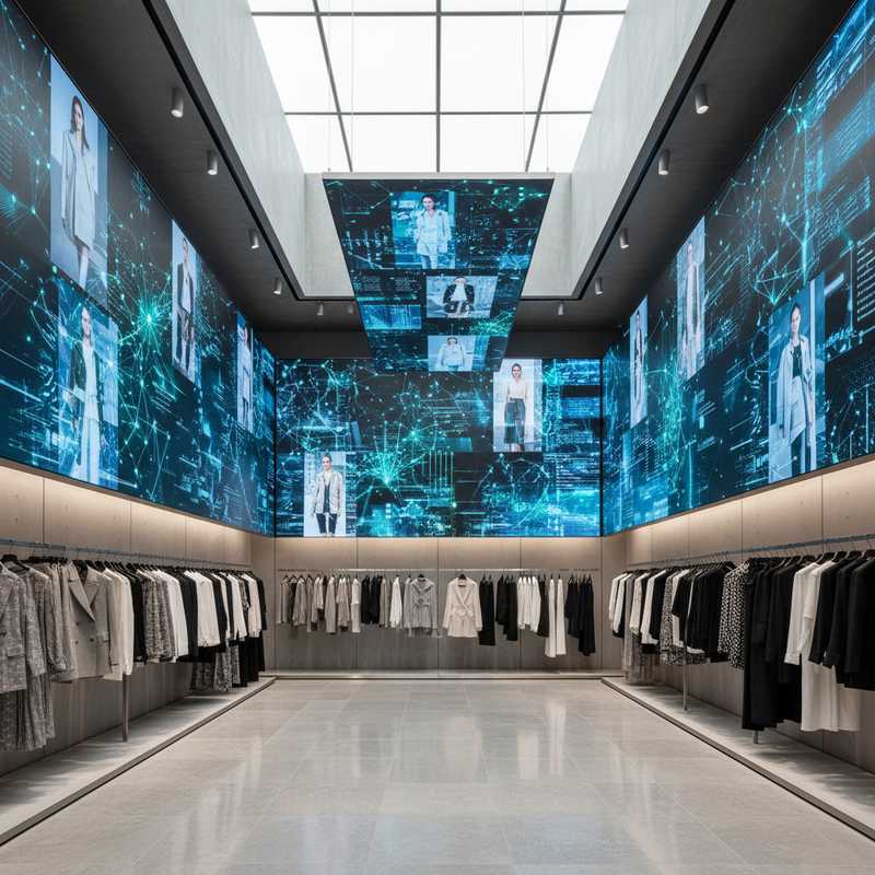 Modern Zara winkelinterieur met digitale schermen die AI-gebaseerde trendanalyses en runway-beelden tonen