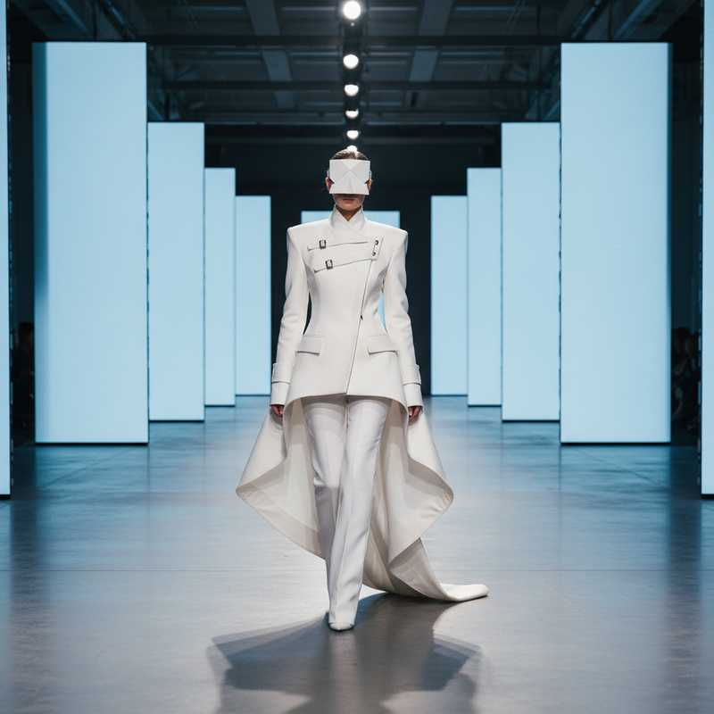 Model op catwalk draagt sculptural wit jasje met architectonische proporties tijdens haute couture runway show