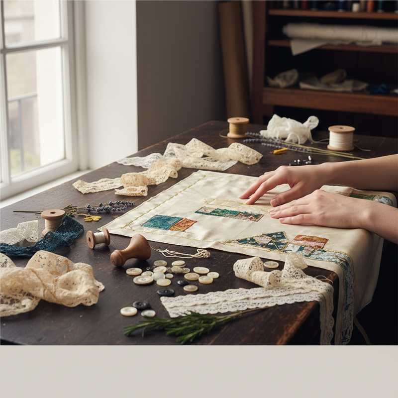 Atelier werkbank met handen die werken aan duurzame couture met vintage stoffen en zichtbaar herstelwerk