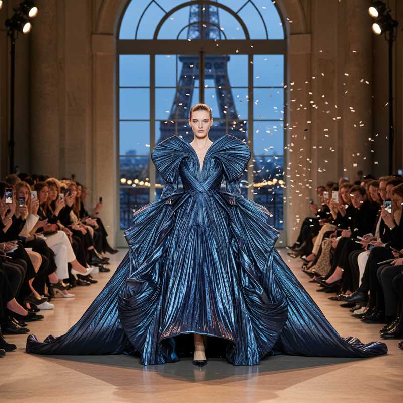 Model op catwalk draagt sculpturale haute couture jurk met dramatische volumes tijdens Parijse modeweek