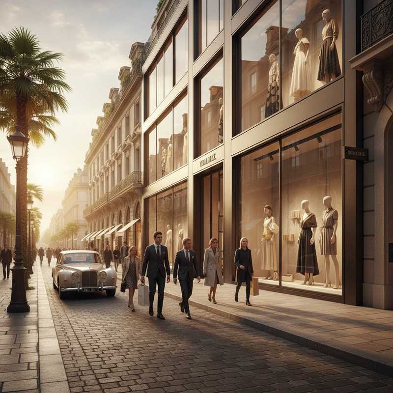 Exterior view of high-end luxury fashion boutique on premium European shopping street with elegant window displays