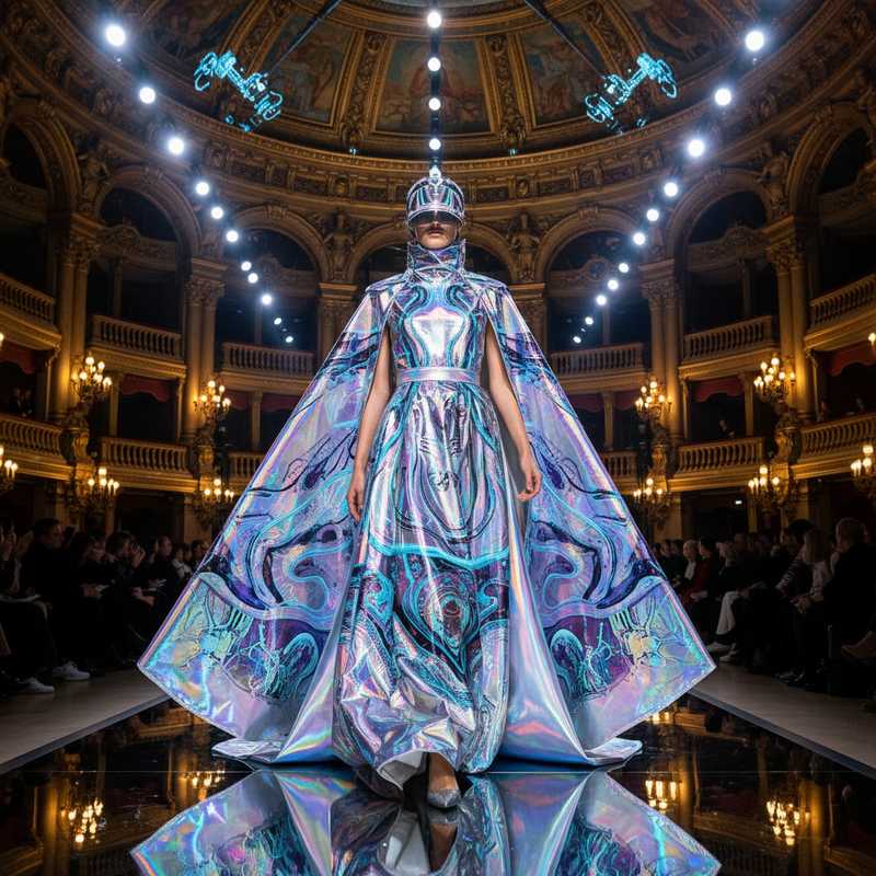 Model in holografische Versace couture jurk met AI-geïnspireerde prints op de catwalk in Palais Garnier Parijs