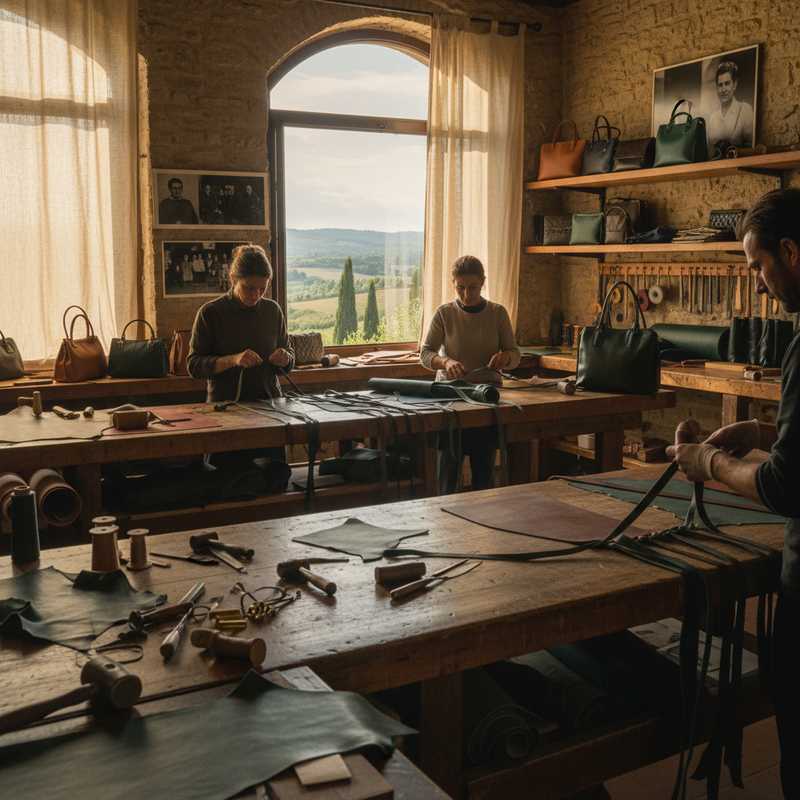 Ambachtslieden werken aan luxe leerwerk in Italiaans atelier, symbool voor bedreigde vakmanschap bij Kering-staking