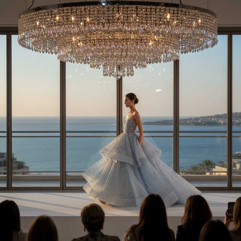 Model wearing crystal-embellished pale blue tulle gown on Elie Saab SS26 Haute Couture runway in Beirut with chandelier installation