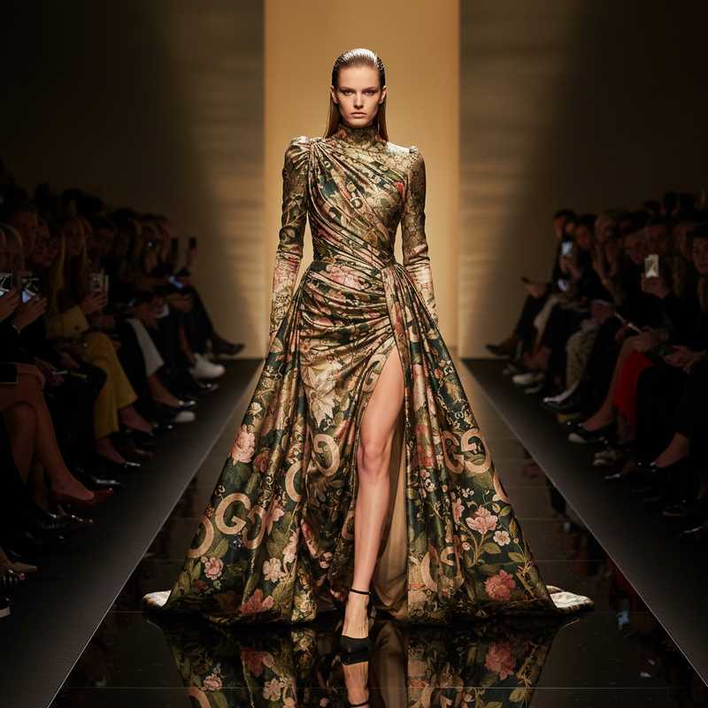 Model op Gucci catwalk in gedrapeerde jurk met GG-monogram en botanische prints tijdens Milan Fashion Week Fall 2026 Primavera show