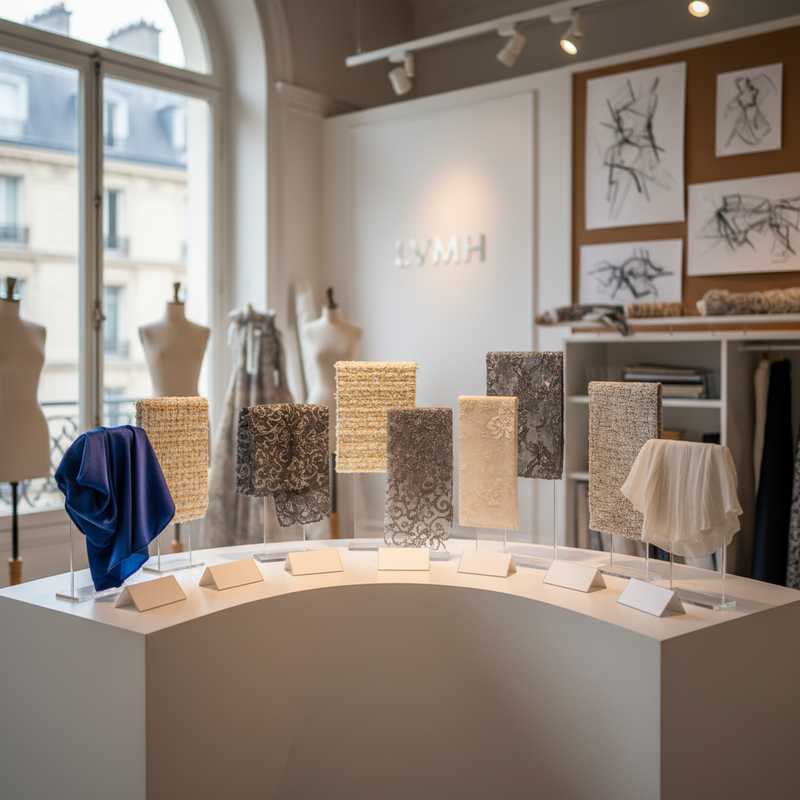 Elegant display showcasing nine haute couture designer finalists for LVMH Prize 2026 with luxury fabric samples