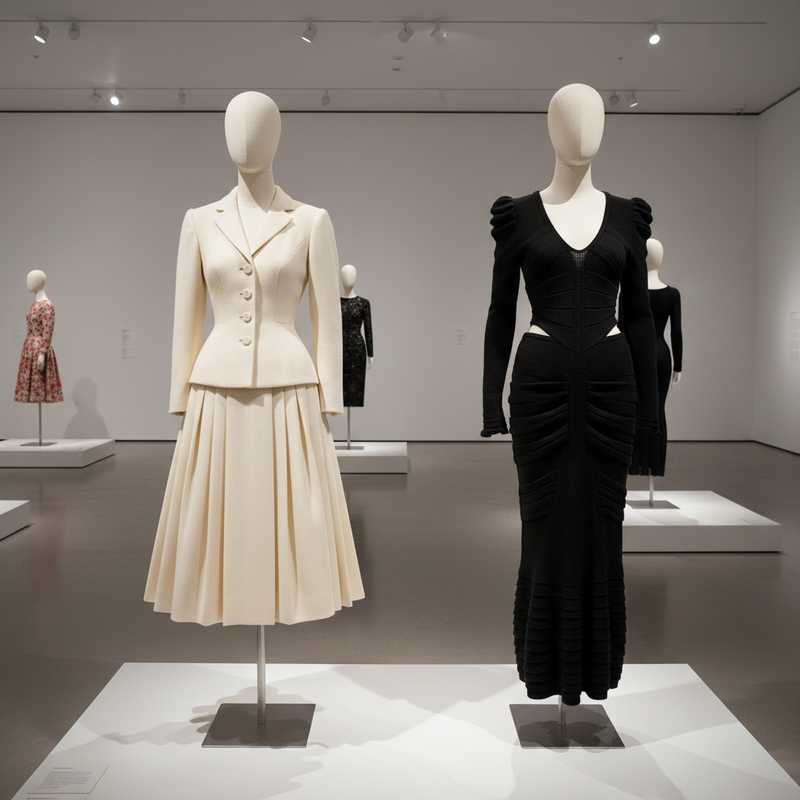 Museum tentoonstelling met Christian Dior jasje en Azzedine Alaïa gebreide jurk naast elkaar op mannequins