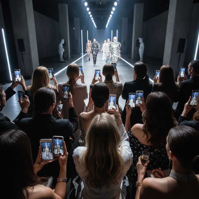 Luxury fashion show front row with wealthy clients recording on smartphones while editors sit in background rows