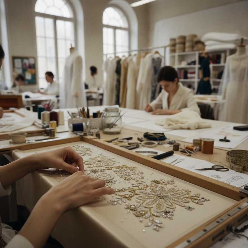Couture atelier met ambachtelijke handwerk aan luxe zijden stof met kralenwerk en borduurwerk