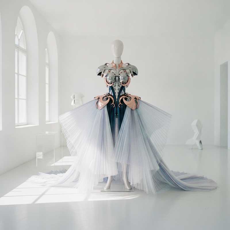Futuristic haute couture dress with 3D-printed metallic bodice and flowing transparent fabric in modern atelier