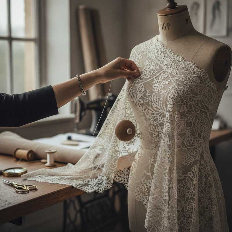 Close-up van handen die werken met antieke kant in couture atelier, architectonisch gedrapeerd op paspop