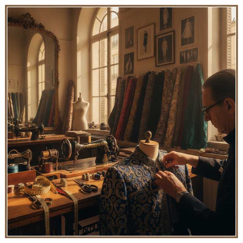 Couture atelier met kleermaker die werkt aan geborduurd herenjasje op paspop, vintage naai-instrumenten en luxe stoffen zichtbaar